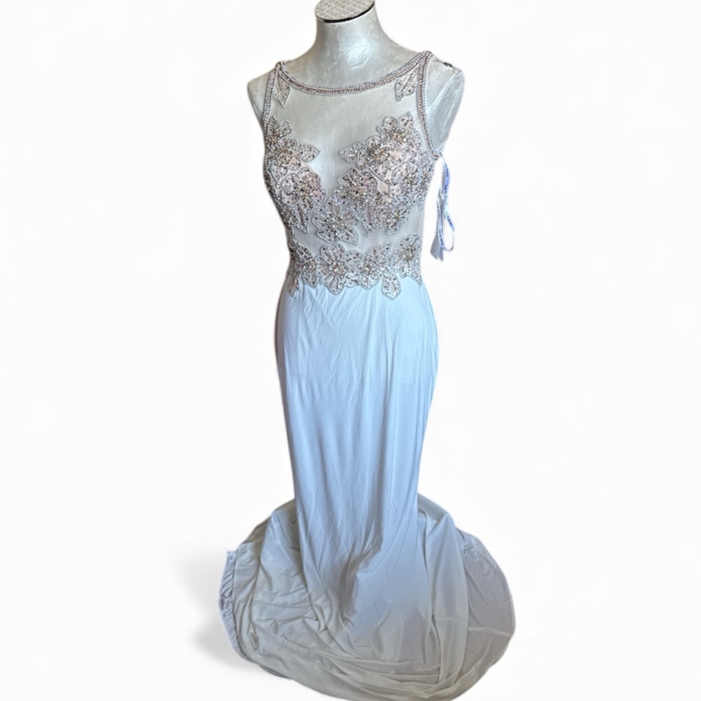 Ally’s Collection Ivory Gold Mermaid Gown Embellished Sheer Top Size 8 NWT